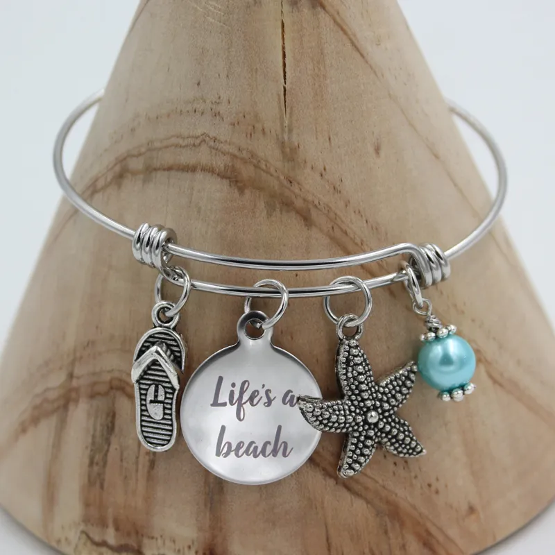 Nouvelle arrivée bijoux en acier inoxydable bracelet extensible bracelet lifes a beach bracelet flip flop étoile de mer bracelets à breloques femmes gif185g