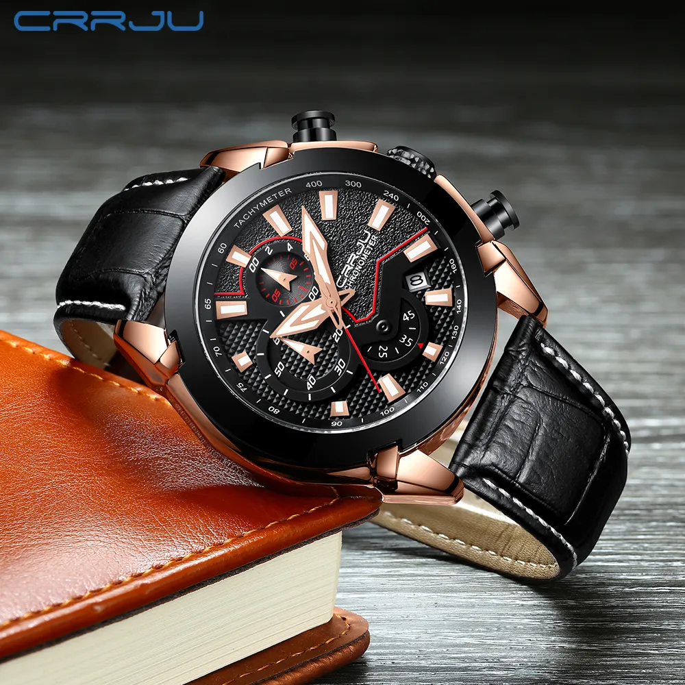 crrju men kronograph quartz watch men men luxury date luminous Wathproof Watches Leather Strap Dress Wristswatch Erkek Kol SA227L