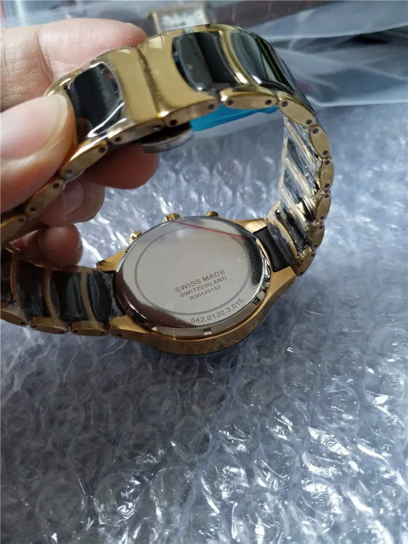 2015 nieuwe mode goud en keramische horloge quartz stopwatch man chronograaf horloges mannen polshorloge 020325i
