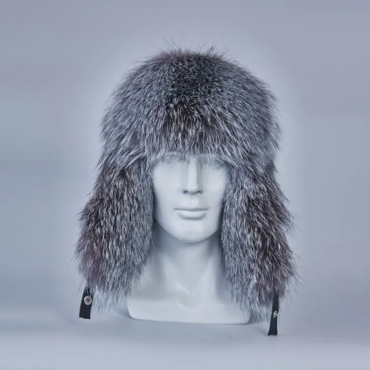 cappelli colbacco russi di vera pelliccia di procione cappello da trapper paraorecchie da uomo vera pelliccia argentata berretto invernale russo in vera pelle H2102671