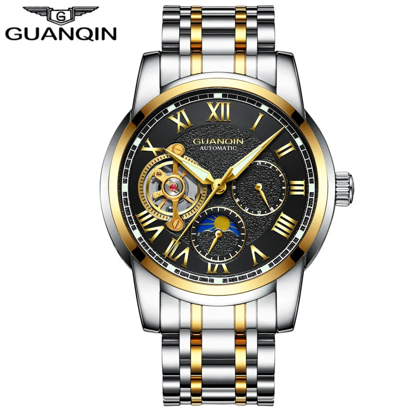 Guanqin Top Brand Tourbillon Automático Avanário de Luxo Men de luxo Esporte Aço inoxidável impermeável relógio mecânico Relogio Masculino315R