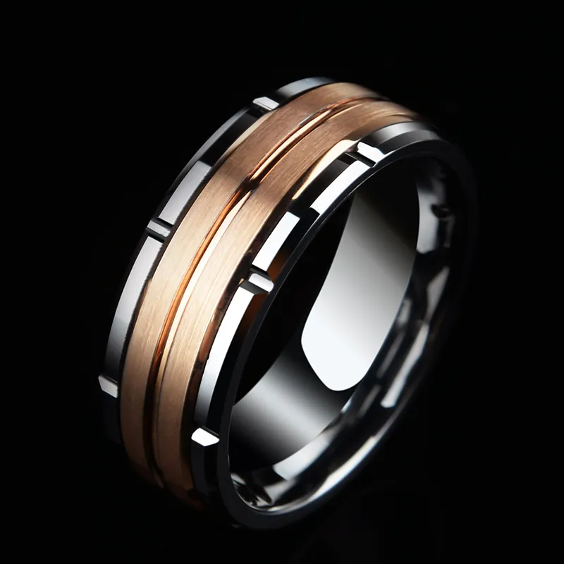 Nova moda 8mm anel de carboneto de tungstênio para homem rosa ouro escovado diamante aliança de casamento tamanho americano 6-133108