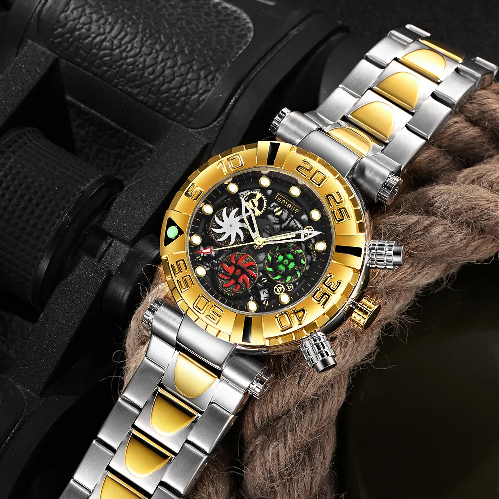 Temeite regarde les hommes Business Casual Golden Creative Hollow Quartz Watch Imageproof Military Wrists Male Chronograph Clock2724