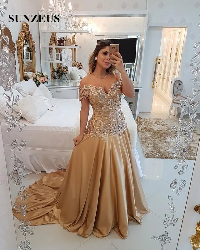 Altın gece elbise uzun saten resmi elbise a-line tatlım kapalı omuz boncuklu parti önlükleri vestido elegante mujer de noche288z