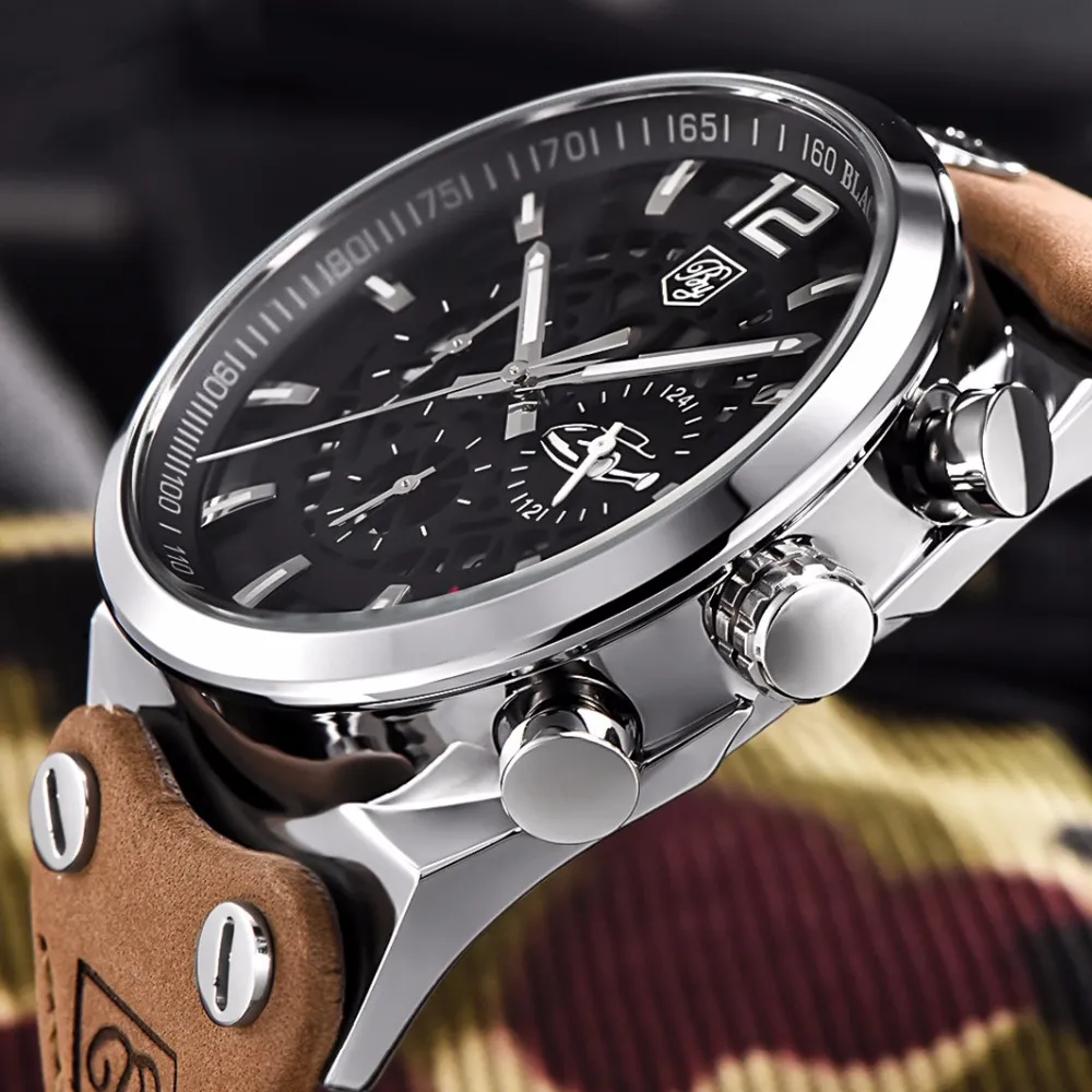 Benyar Chronograph Sport Mens Watches Fashion Brand Military Waterproof Leather Strap Quartz Watch Clock LeLogio Masculino234W