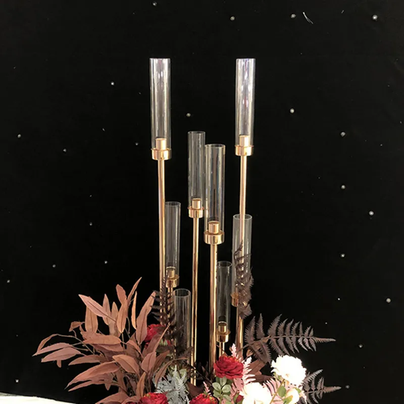 8 Heads Metal Candelabra Gold Candle Tutucu Akrilik Düğün Masa Merkez Parçası Şam Tutucuları Şamelabrum Dekorasyon1918