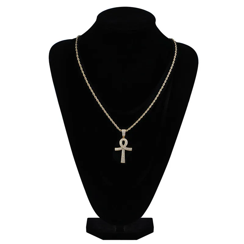 Iced Out Cross Ankh Key Necklace Pendant med Rope Chain 4mm Tennis Chain Halsband Mens Hip Hop Jewelry Gift249w