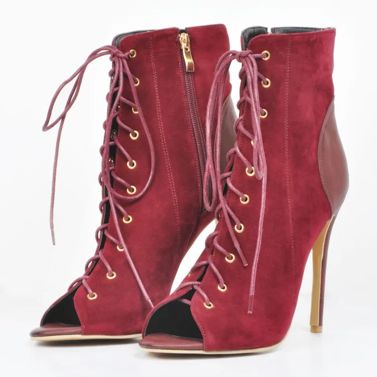 Rontic nouveauté femmes bottines élégant mince talons hauts bottes charme Peep Toe vin rouge tenue de club chaussures femmes taille américaine 4-15