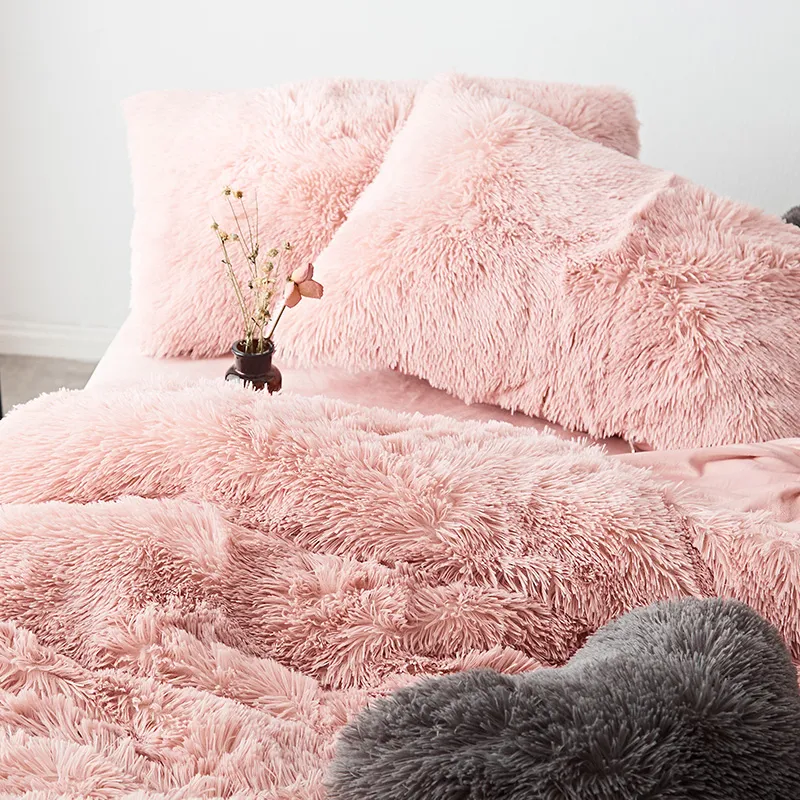 Tessuto in pile bianco rosa invernale spesso di biancheria da letto in puro colore visone copripiumino in velluto lenzuolo biancheria da letto federe292J