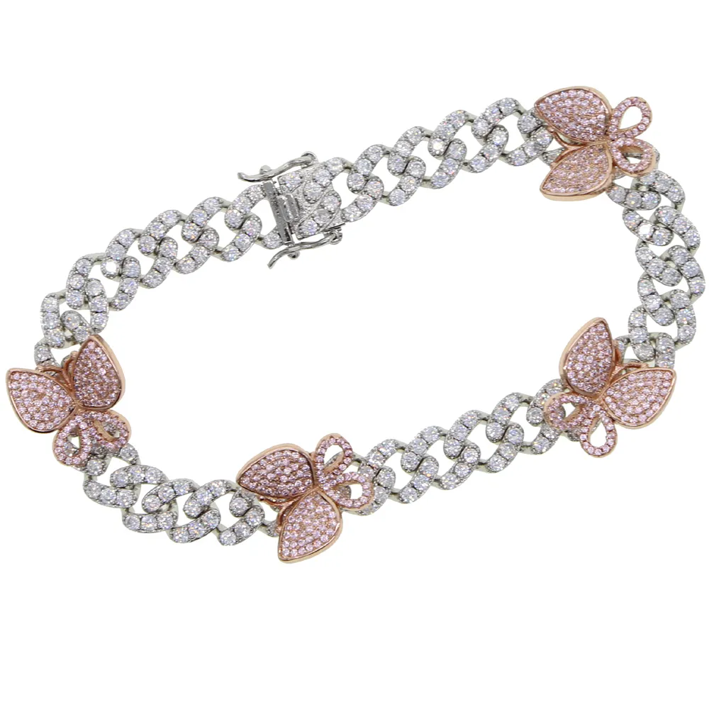 Rose argent couleur cz cubain jambe chaîne cheville mode femmes bling glacé lien rose papillon cheville bijoux