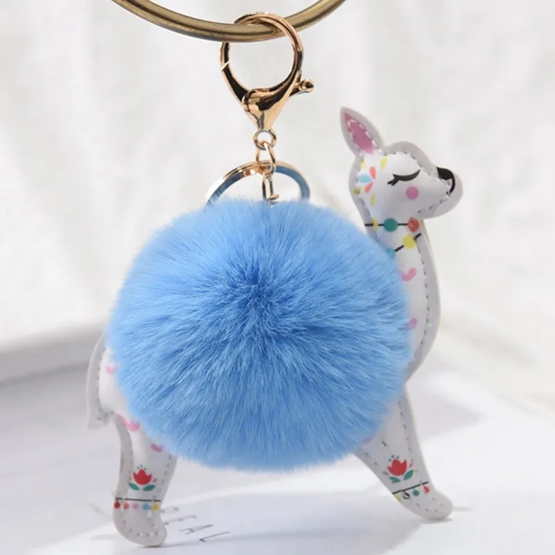 Cute Alpaca Hair Ball Floral PU Key Ring Pendant Plush Toy Key Ring Ladies Car Keychain Christmas Birthday Gift198J