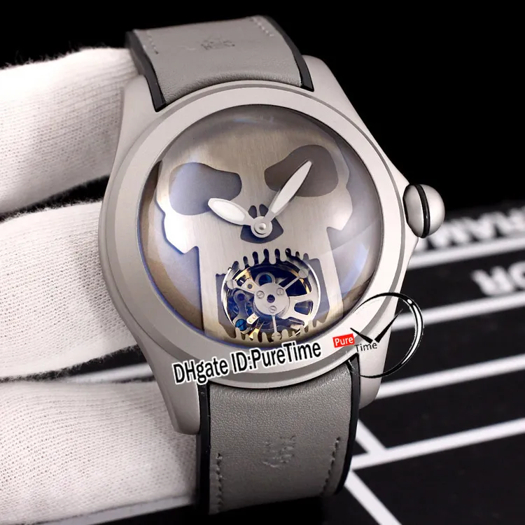 Neue 45-mm-Admiral's Cup Bubble Automatik-Tourbillon-Herrenuhr, Stahlgehäuse, graues Zifferblatt, silberner Totenkopf, graues Leder, Kautschukuhren P237g