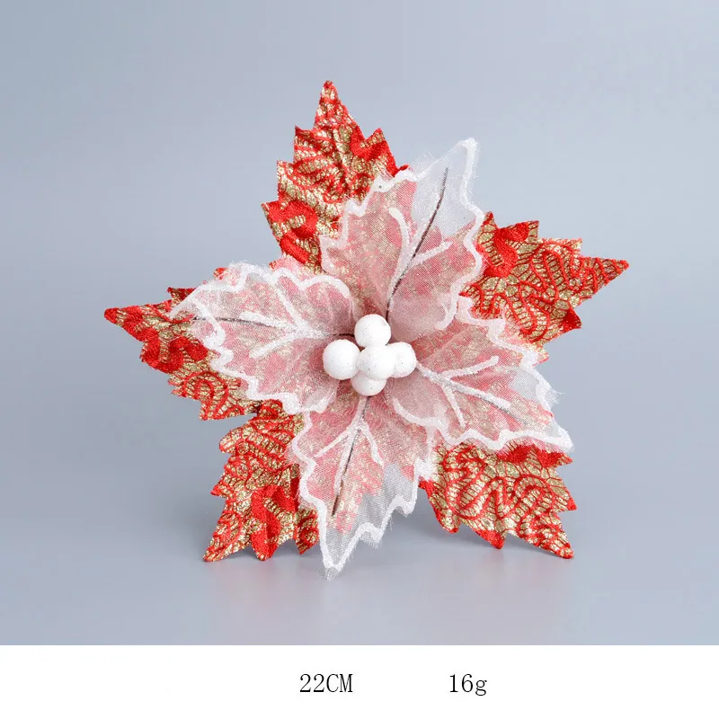 Decoraciones navideñas 5 unids / lote 2021 22 cm Glitter Poinsettia Flores artificiales Adorno de árbol Feliz fiesta Suministros 1303f