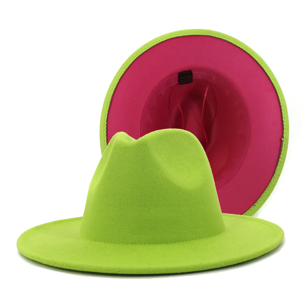 2020 New Pink and Lime Patchwork Lã Feltro Fedora Hats Feminino Aba Grande Panama Trilby Jazz Cap Derby Hat Sombrero Mujer283W