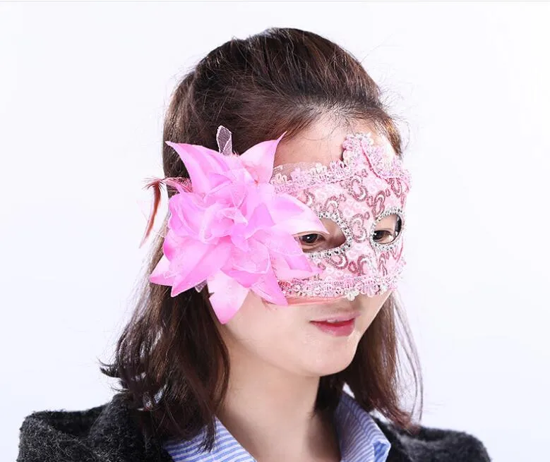 Masque de fleur de fête Halloween mascarade vénitienne QERFORMANCE Patch en cuir de fête masque de dentelle rose or GB418224T