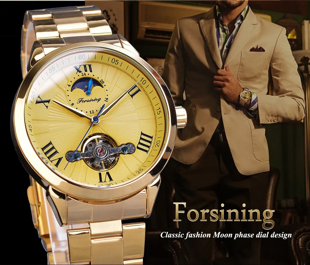 Złotowanie Złotych mężczyzn mechaniczny na rękę na rękę 3D Automatyczna turbillon Moonphase Pełna stalowe duże zegarki Zegar Relogio Masculino210l