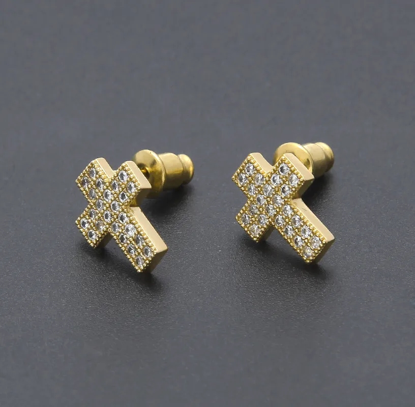 New guys 18K Gold Plated Mens Blingbling Diamond Cross Stud Earrings Mens Womens Hip Hop Earring Studs Iced Out Jewelry for Women 290M