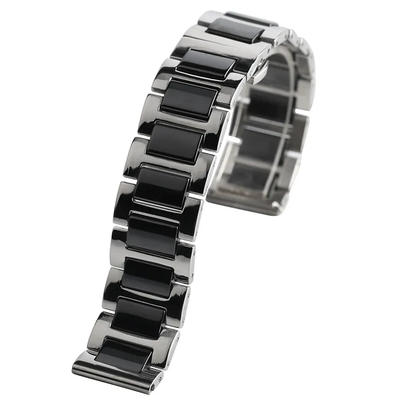 Bracelet de montre en céramique, noir et blanc, solide, en acier inoxydable, 18mm, 20mm, chaîne à maillons, remplacement, extrémités droites, 239e