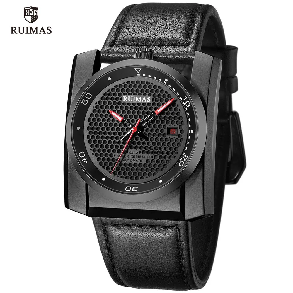 Ruimas Luxury Automatic Watches Men Square Dial Adalogue Mechanical Watch Black Leather Wristwatch Relogios Masculino Clock 6775 N216R