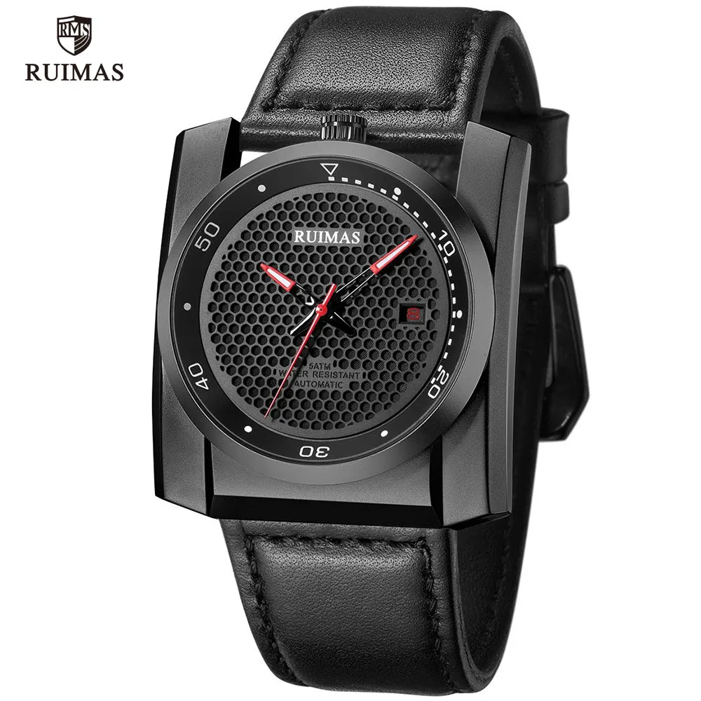 Ruimas Luxus-Automatikuhren für Herren, quadratisches Zifferblatt, analoge mechanische Uhr, schwarze Lederarmbanduhr, Relogios-Masculino-Uhr 67752589