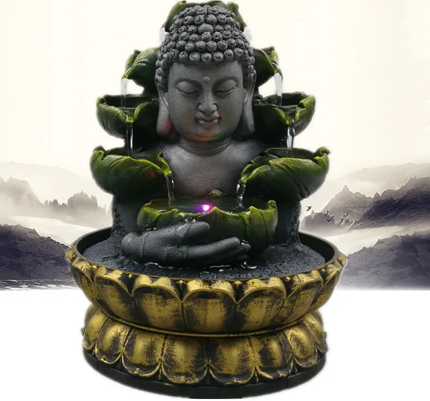 Creative Home Decorations Resin Flowing Water Waterfall Led Fountain Buddha Statue Lucky Feng Shui Ornaments Landscape Decor T2003301x