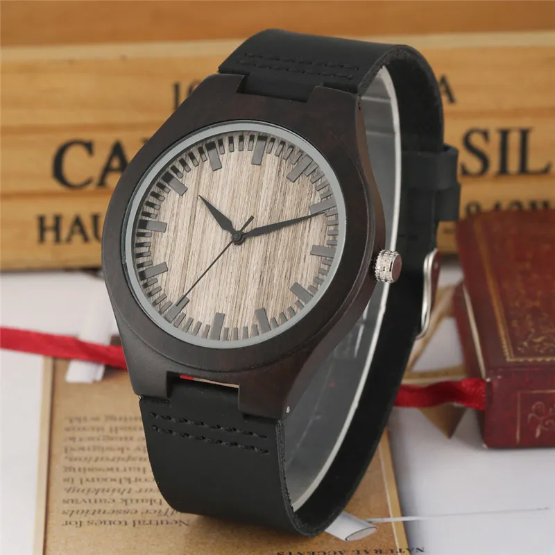 Casual volledig zwart bamboe horloge heren sandelhout polshorloges bamboe analoog quartz horloge lederen band band armband clo278M