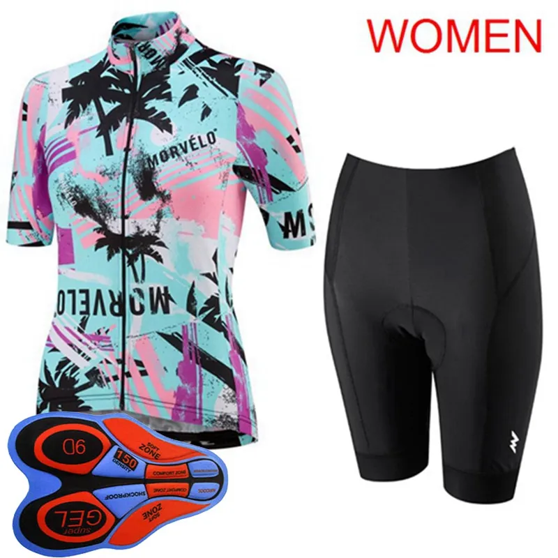 Morvelo Team Sommer Radfahren Kurzarmtrikot Trägershorts Set Damen schnell trocknend Rennrad Sportbekleidung MTB Fahrrad Outfits Rennbekleidung Y210