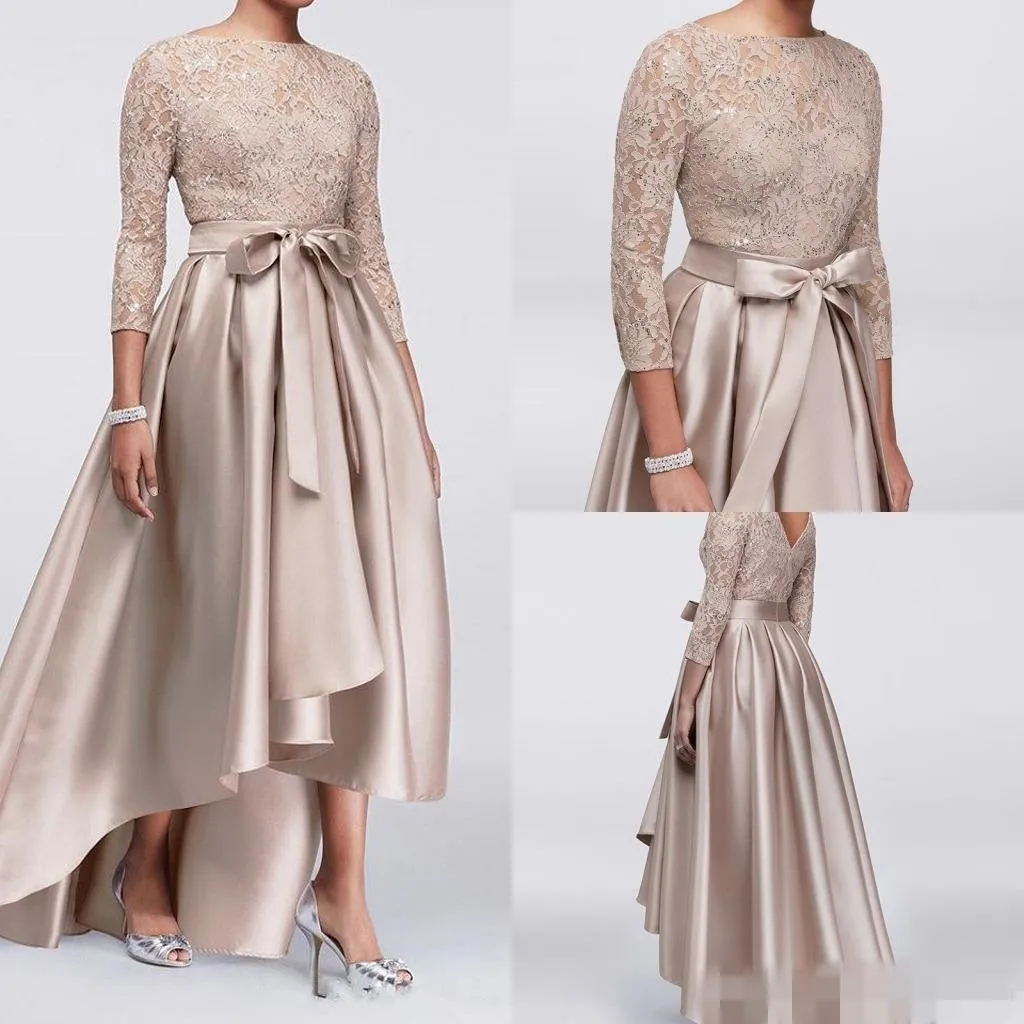 2020 Champagne plus size aftonklänningar Hög låg bateau halsringning 3 4 långa ärmar paljetter spets elastisk satin sash prom ball gown268y