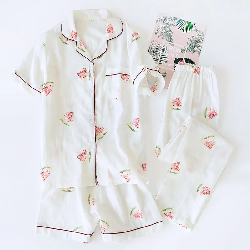 Suits  Short Sleeve Pyjamas Women Summer 100% Gauze Cotton Sleepwear Women Korea Pajamas Shorts Home Pants New Sale Y19071901