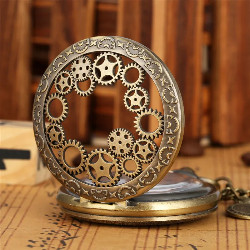 Vintage Bronze Hollow Out Gear Case Unisex Quartz Pocket Watch Antique Analog Clock Necklace Chain for Men Women Gift263g