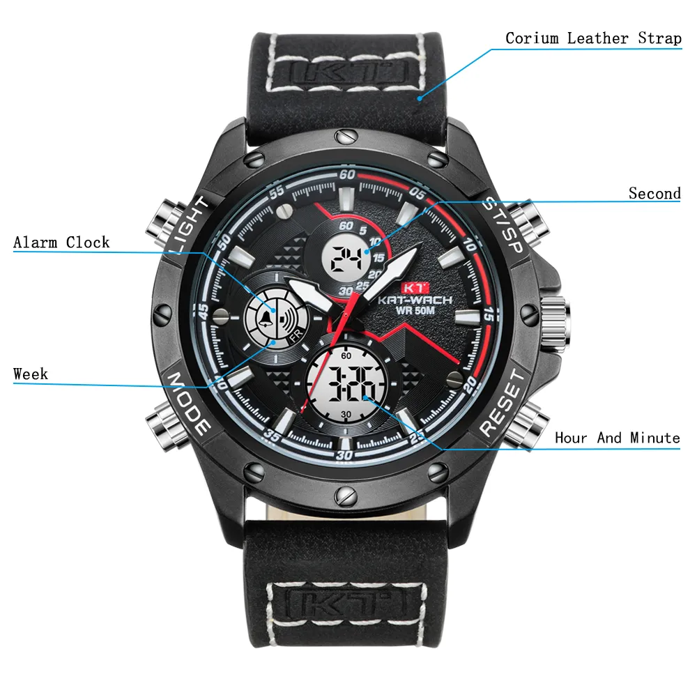 KT Watches Men Wrist Watch Quartz Sport Cuir Cadeaux de luxe Chronographe imperméable Chronographe analogique Digital Mans Watch Black KT1805285C