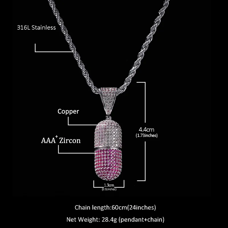 Hip Hop coloré glacé out forme de pilule ouverte Pendant Bling Bling CZ Cumbic Zirconia Collier pour femmes hommes Hiphop Jewelry260p