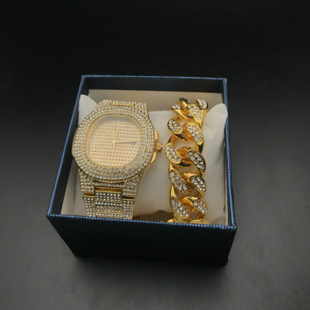 Hip Hop Mens Watches Armband Set Fashion Diamond Iced Out Cuban Chain Gold Silver Watch Set med Box 201912803