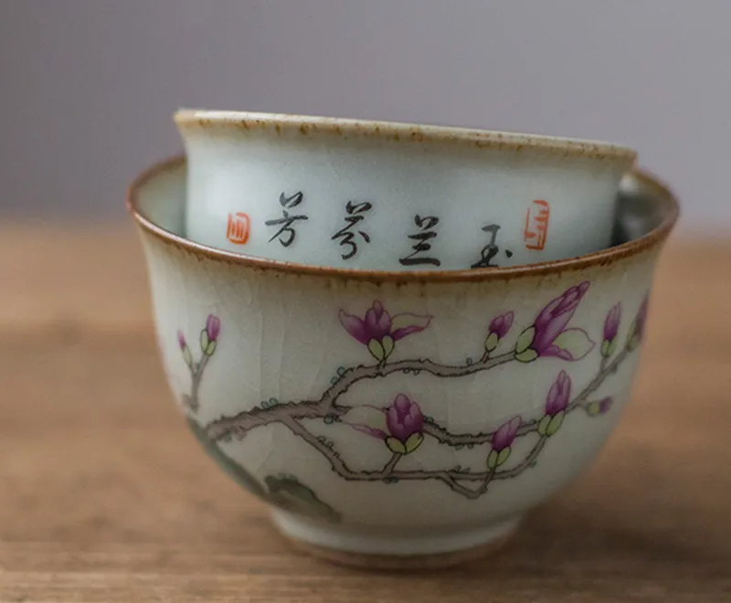 Four rétro Vintage tasse à thé Gardon oiseau tasse Ruyao 100ml porcelaine peinte à la main tasse à thé Service à thé pigmenté bol à thé Drinkware277d