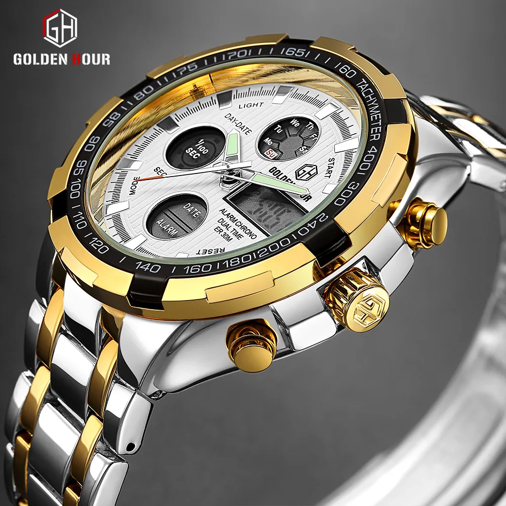 Goldenhour acier hommes d'affaires montres mode hommes montre à Quartz Date semaine affichage montre-bracelet analogique étanche mâle horloge Relogio Y323A