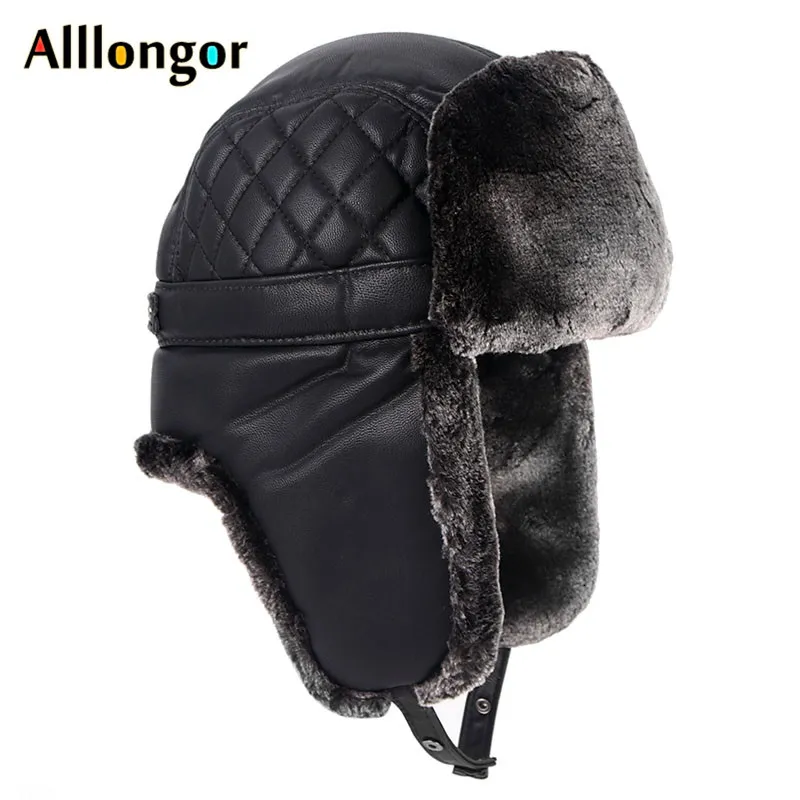 Alta qualidade 2019 inverno couro piloto boné faxu pele russo ushanka chapéus earflap bombardeiro chapéu masculino preto neve chapéus t191022221q