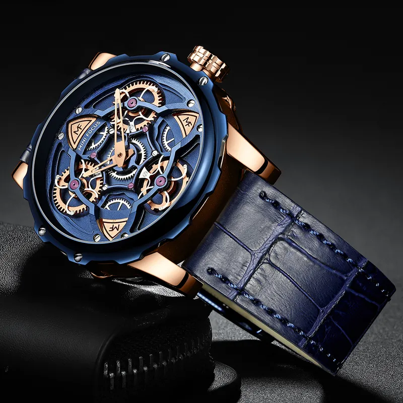 Mini Focus Mens Watches Top Brand Luxury Sport Style Design Quartz Watch Men Blue Leather Strap 30 м.