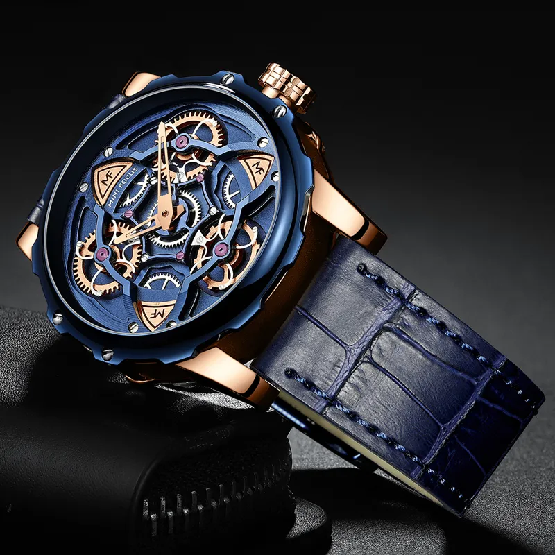 MINI FOCUS Relojes para hombre Top Brand Luxury Sport Style Design Reloj de cuarzo Hombres Correa de cuero azul 30M Impermeable Relogio Masculino T265z