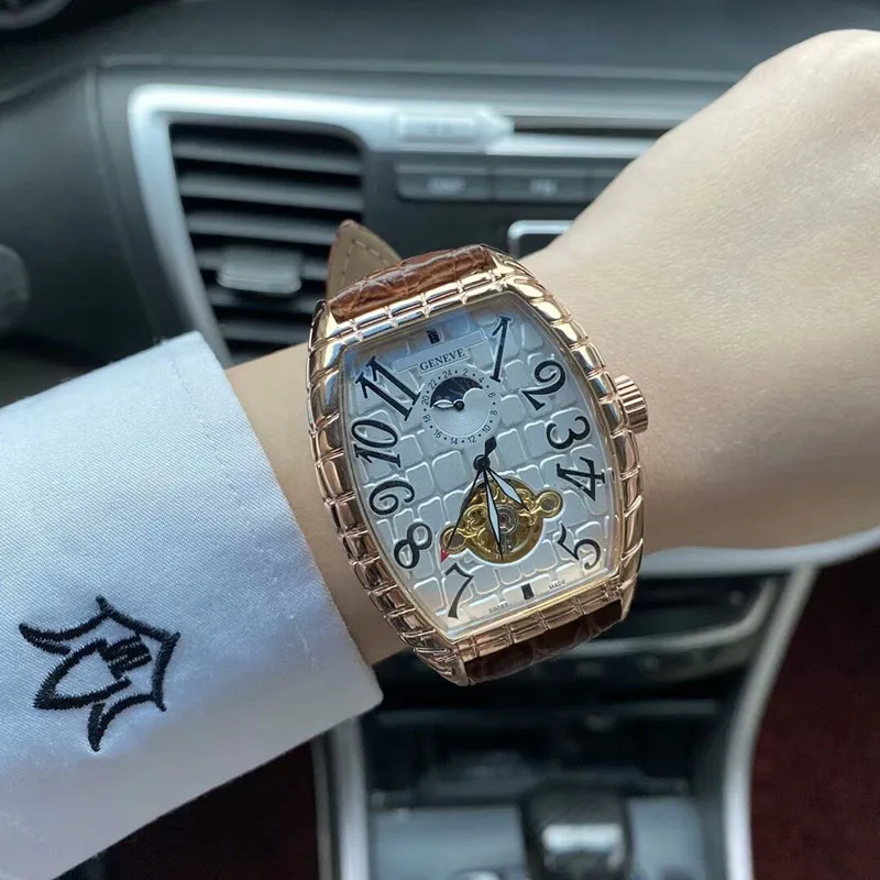 Luxury Mens Watches Top Brand äkta läderband Titta på lysande mekanisk automtaisk rörelse Månfas armbandsur för män F291O