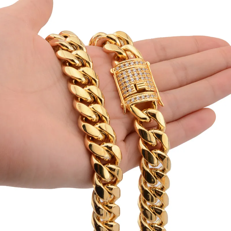 8-18mm wide Stainless Steel Cuban Miami Chains Necklaces CZ Zircon Box Lock Big Heavy Gold Chain for Men Hip Hop Rock jewelry200d