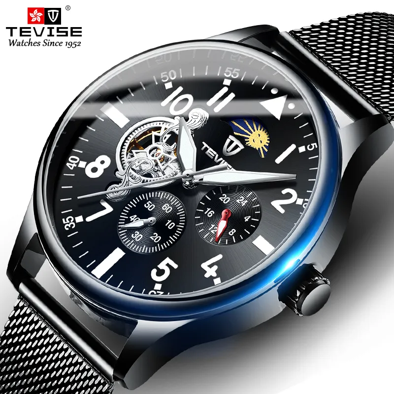 TEVISE – montre mécanique automatique pour hommes, entièrement en acier noir, Tourbillon, phase de lune, chronographe, horloge 258W, 2021