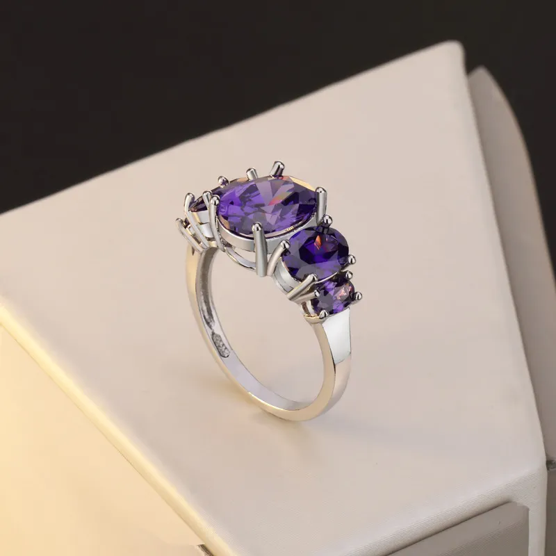 OMHXZJ ensemble européen trois pierres anneaux mode femme homme fête cadeau de mariage argent violet améthyste 925 bague en argent Sterling R2942065