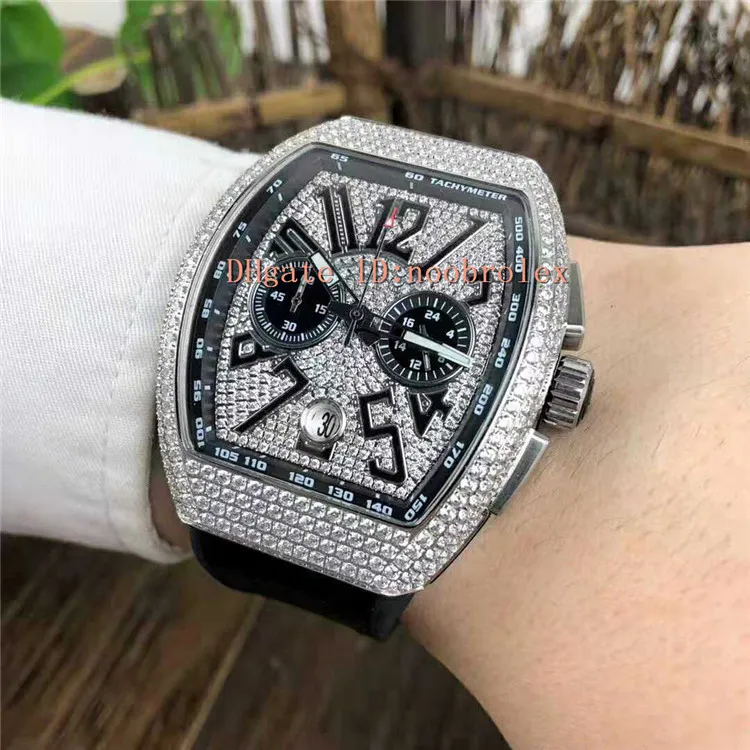 Topp Yachting V45 Mens Watch VK Quartz Movement Tonneau 316L Rostfritt stål Full Diamond Case Sapphire Crystal Leather Strap Wrist257G