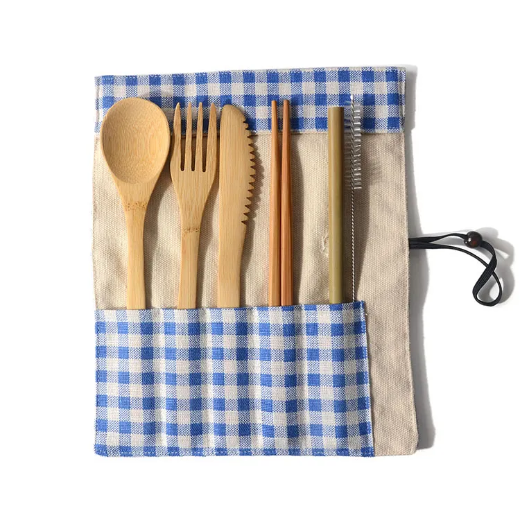 Set da viaggio portatile con posate in bambù, forchetta, bacchette, coltello, cucchiai, spazzole in paglia, kit da picnic all'aperto da 6 pezzi, riutilizzabile