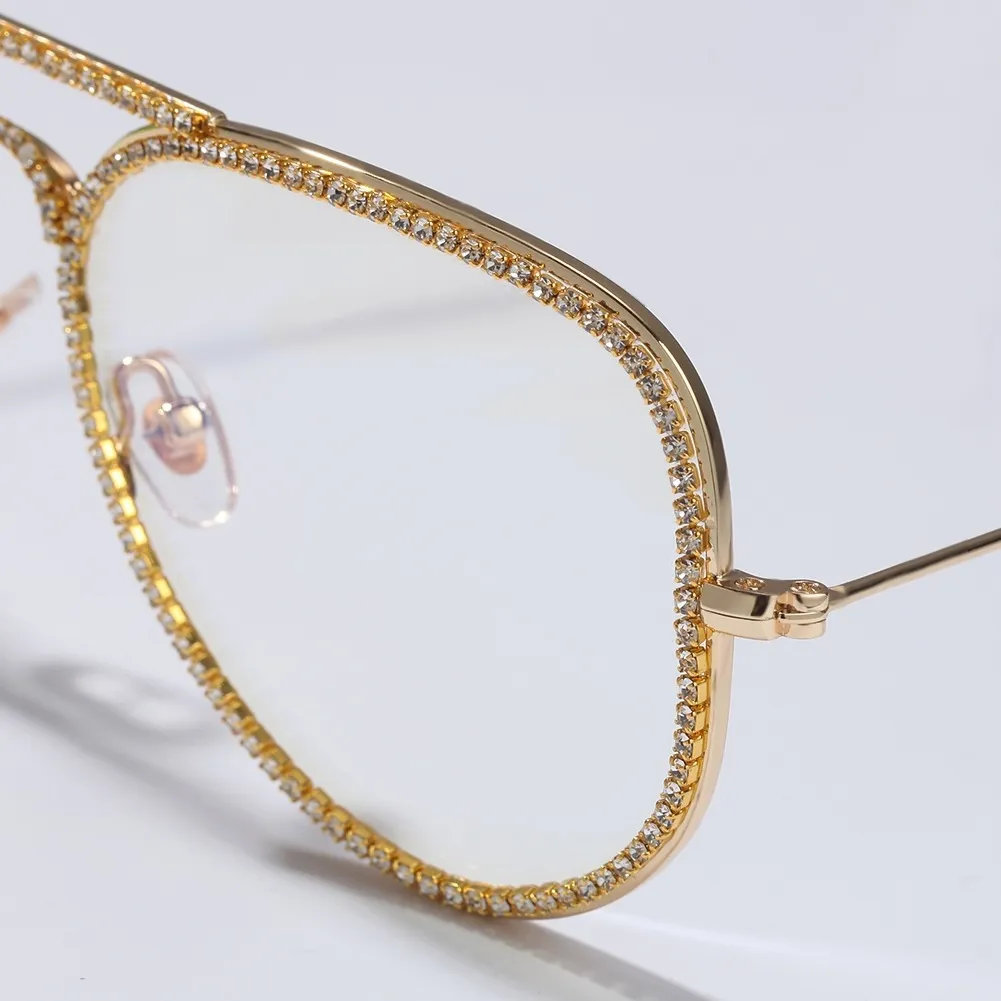 Gafas de diamante Joyería de diamantes Circonia cúbica Moda Gafas de hip hop Material de aleación de oro plateado Espejo normal 244v