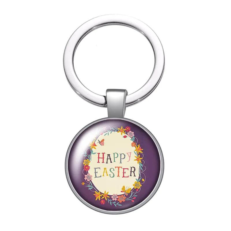 Happy Pasen Day Rabbit Eggs Glas Cabochon Keychain Bag Auto Sleutelhanger Ring Houder Zilveren Kleur Sleutelhangers voor Mannen Vrouwen Geschenken