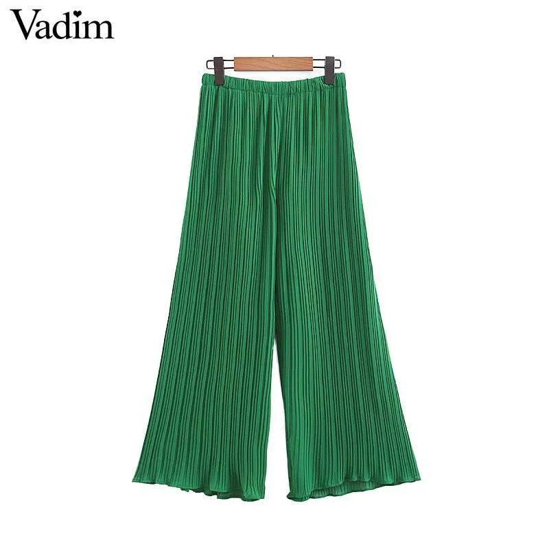 Vadim Women Chiffon Green Wide Leg Pants Elastic Waist Pockets Full Length Trousers Pkeated Female Long Pantalones Ka885 Y19070101