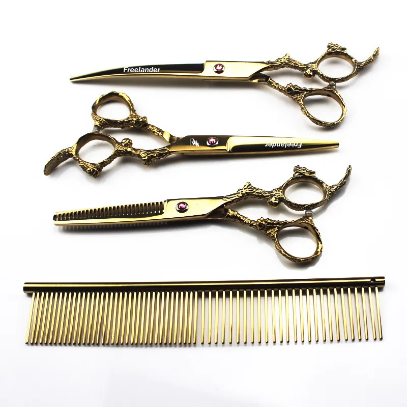 Gold 7 Inch Japan 440C Pet Scissors Set Grooming Tools Kits Professionella hundfrisörsaxar för frisyrvalpkatt Cy2005214326234