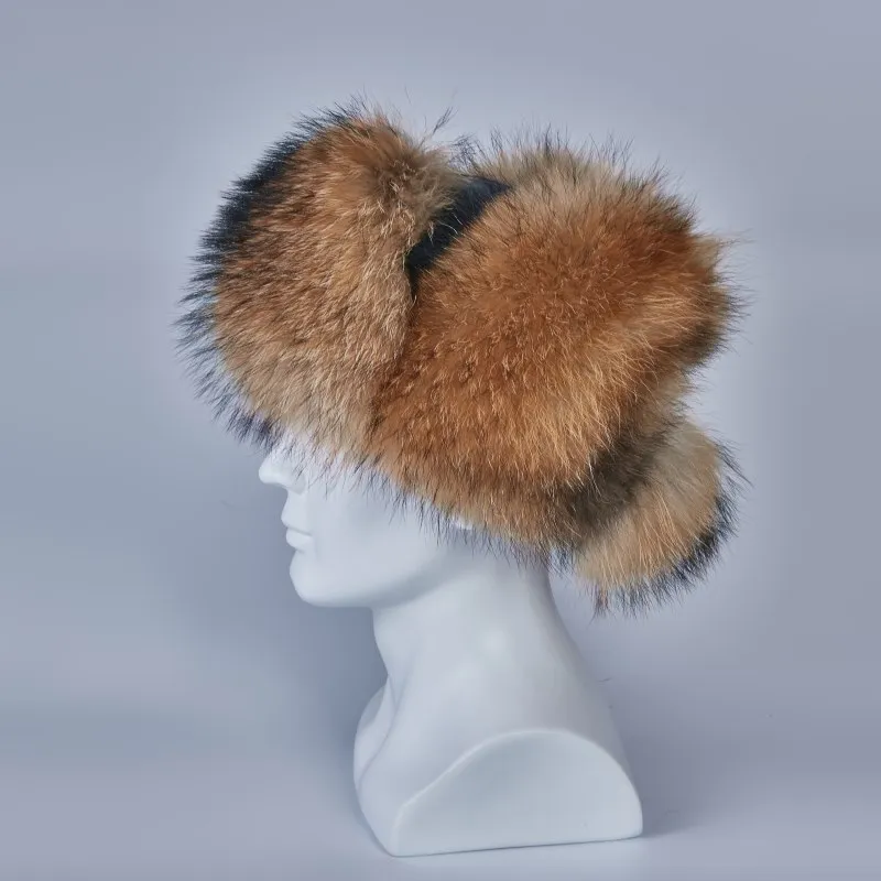 Chapeaux ushanka russes en vraie fourrure de raton laveur, chapeau de trappeur, oreillettes pour hommes, fourrure en argent véritable, casquette d'hiver russe en cuir véritable H2103122