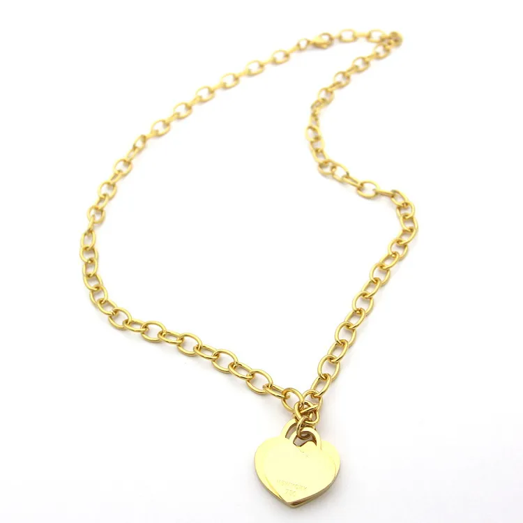 Europe America Fashion Lady WomenTitanium steel Lettering T Letter 18K Plated Gold Thick Necklaces With Double Hearts Pendant 3 Co2748